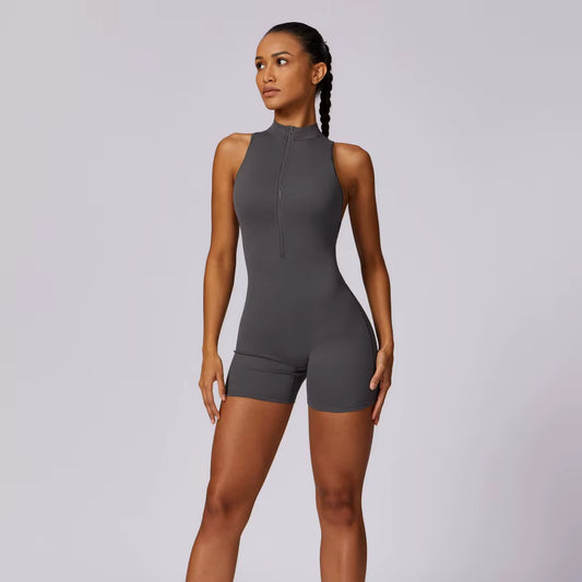 Elevate Your Workout with Our Solid Soft Backless Yoga Jumpsuit - Women's Zipper Sportswear Fitness One Piece Set